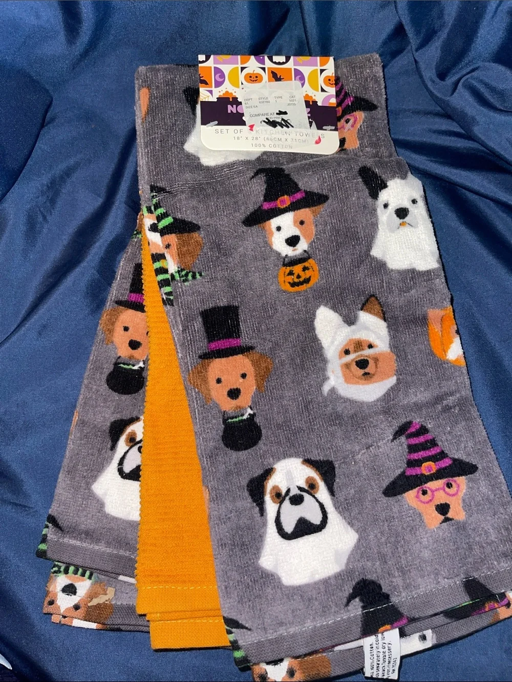 3 Pack Halloween Theme Dog Print Kitchen Towels - Gray & Orange